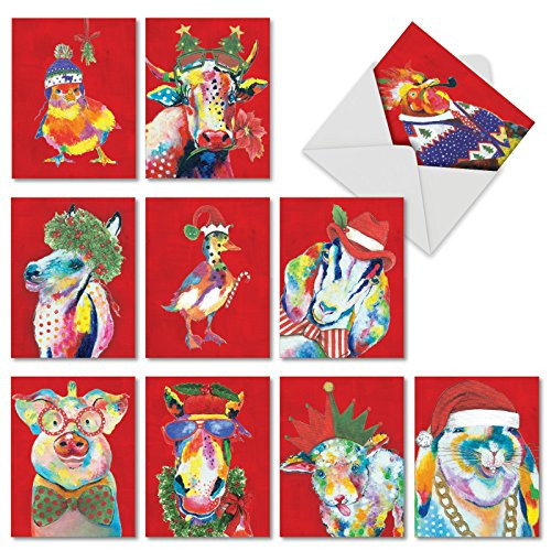 M4982XSG-B1x10 Christmas Funny Farm: 10 Assorted Christmas Note Cards Featuring Christmas-Themed Images of Illustrated Farm Life; With Envelopes.
