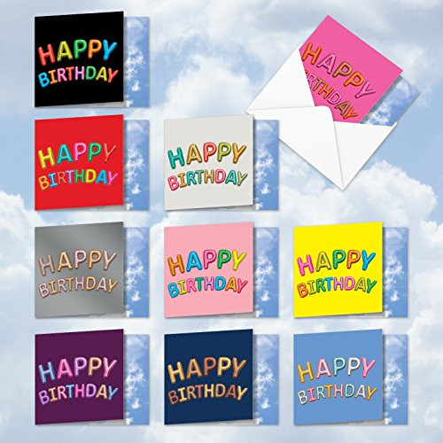 AMQ5651BDB-B1x10 Inflated Messages: 10 Assorted Set of Blank New 'Square-Top' Notecards Featuring Images of Bright and Shiny Balloons for Your Special Day, with Envelopes