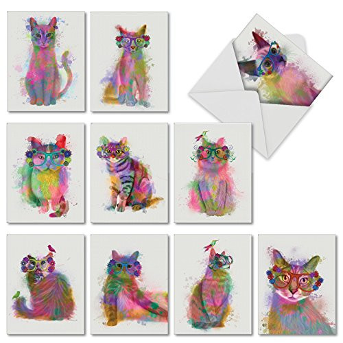 Painted Watercolor Cat Note Cards (with Envelopes) - Assorted 'Funky Rainbow Cat' Blank Greeting Card - Cute Kitten Animal Cards & Cats Stationery for All Occasions - (Box of 10) AM6199OCB-B1x10