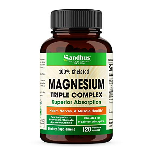 Magnesium Chelated Complex High Absorption Triple Chelate Magnesium Glycinate BisGlycinate Glycinate Glutamine TRACCS Heart Calm Sleep Nerve Muscle Health Support Vegan Dietary Supplement 120 Capsules