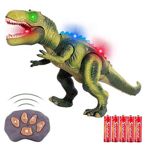 FiGoal Remote Control Dinosaur with LED Lights Walking and Roaring Sound RC Tyrannosaurus T-Rex Dinosaur Toy with LED Light Up for Kids and Toddlers 3 to 12 Years Old Boys and Girls Green