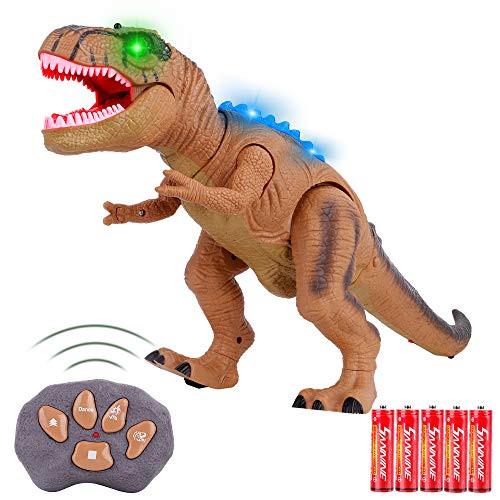 FiGoal Remote Control Dinosaur with LED Lights Walking and Roaring Sound RC Tyrannosaurus T-Rex Dinosaur Toy with LED Light Up for Kids and Toddlers 3 to 12 Years Old Boys and Girls Brown