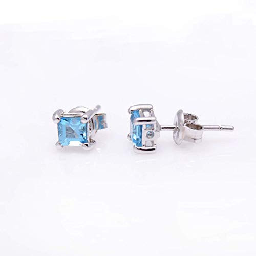 925 Sterling Silver Natural Topaz Gemstone Earrings Studs Princess Cut Blue