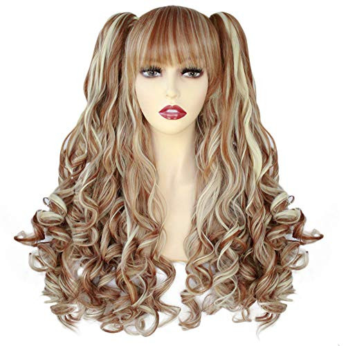 JoneTing Blonde Wig Cosplay Ponytails Ombre Brown Wigs for Girls Long Curly Synthetic Wigs for Party