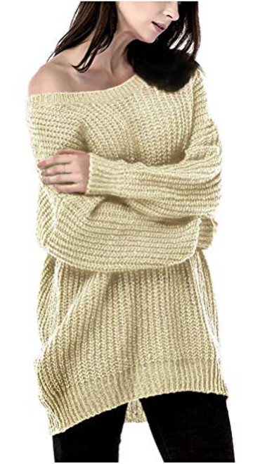 ARJOSA Womens Casual Loose Knit Crew Neck Oversized Pullover Sweater Jumper Tops Off-White