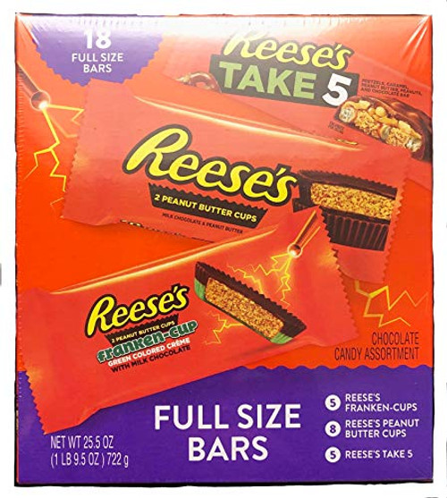 Reeses Chocolate Candy Assortment Halloween Pack - Peanut Butter Cups Franken-Cups and Take 5 18 Full Size Bars