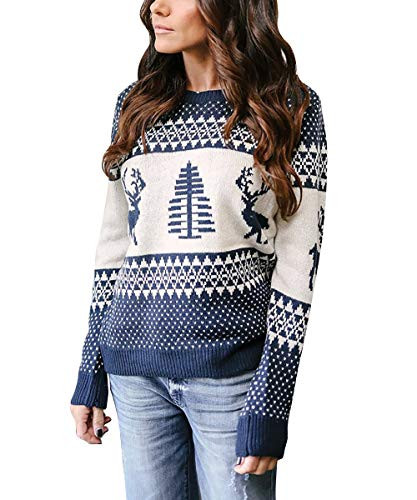 Yidarton Womens Ugly Christmas Sweaters Holiday Patterns Reindeer Tree Knit Pullover?NavyXL