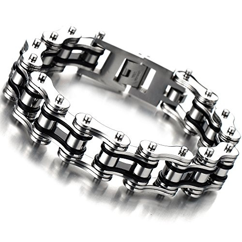 COOLSTEELANDBEYOND Masculine Mens Bike Chain Bracelet of Stainless Steel Silver Black Two-tone Polished COOLSTEELANDBEYOND Masculine Mens Bike Chain Bracelet of Stainless Steel Silver Black Two-tone Polished