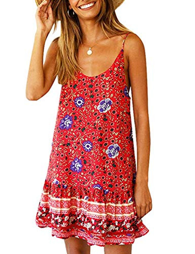 Womens Boho Floral Printed DressSummer Cami Sleeveless Adjustable Strap O Neck Beach Mini Dress with Pockets l Red