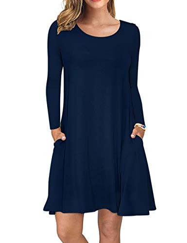 AUSELILY Womens Solid Plain Long Sleeve Pockets Casual Swing T-Shirt Dresses Indigo SNavy Blue