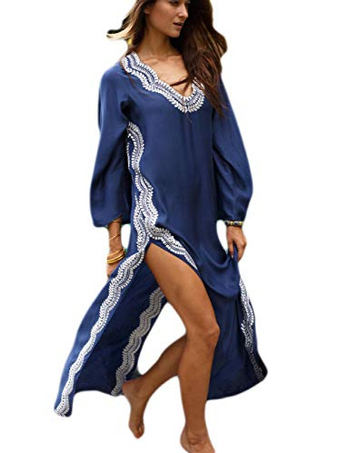 Bsubseach Long Sleeve Swimsuit Cover Up for Women V Neck Swimwear Beach Robe Kaftan Dress