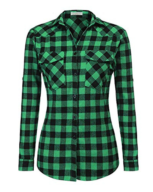 Genhoo Womens Roll Up Long Sleeve Tartan Plaid Collared Button Down Boyfriend Casual Flannel Shirt Top GeenXL