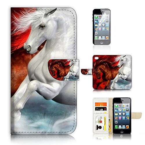 ( For iPhone 6 Plus / iPhone 6S Plus ) Flip Wallet Case Cover & Screen Protector Bundle - A21141 Brown and White Horse