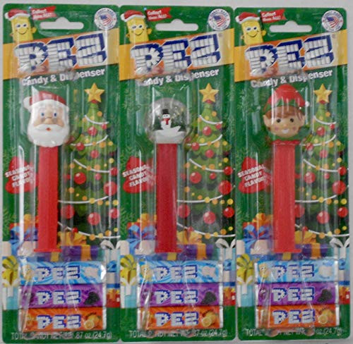 3 Christmas Pez in Blister Card Packages Bundle - Red Stem Snow Globe RedGreen Elf and Santa Claus - Includes Sugar Cookie Seasonal Candy Flavor