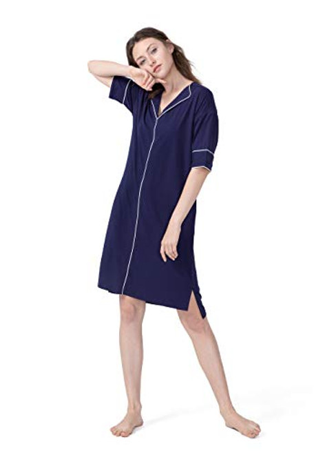 Femofit Modal Cotton Night Gown Dresses for Women Pajamas Sleepshirts Long Nightgowns Sleep Shirts Sleepwear Dark Blue XL