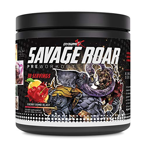 Dynamik Muscle Savage Roar Preworkout 30 Servings Formulated by Kai Greene 0 Artificial Colors 0 Artificial Dyes 0 Proprietary Blends New Formula Cherry Bomb Blast