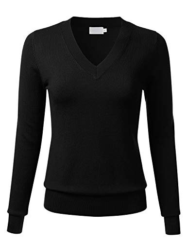 FLORIA Womens Soft Basic Thick V-Neck Pullover Long Sleeve Knit Sweater Black XL