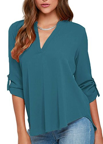 roswear Womens Casual V Neck Cuffed Sleeves Solid Chiffon Blouse Top Jade M