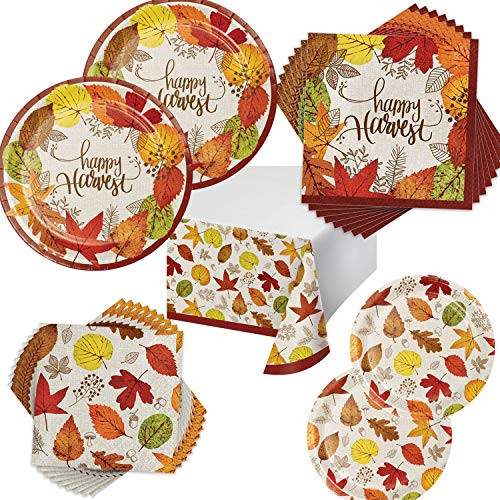 Happy Harvest Thanksgiving Party Supplies Fall Plates Napkins   Table Cover for 16 Guests