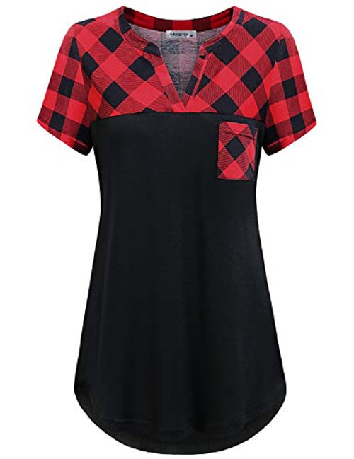 MOQIVGI Plaid Shirts for Women Short SleeveV Notch Hi Low Hem Tops Trendy Casual Patchwork Dressy Work Blouse Office Wear Shirttail Buffalo Check Flowy Tunics with Pocket Red Black Medium