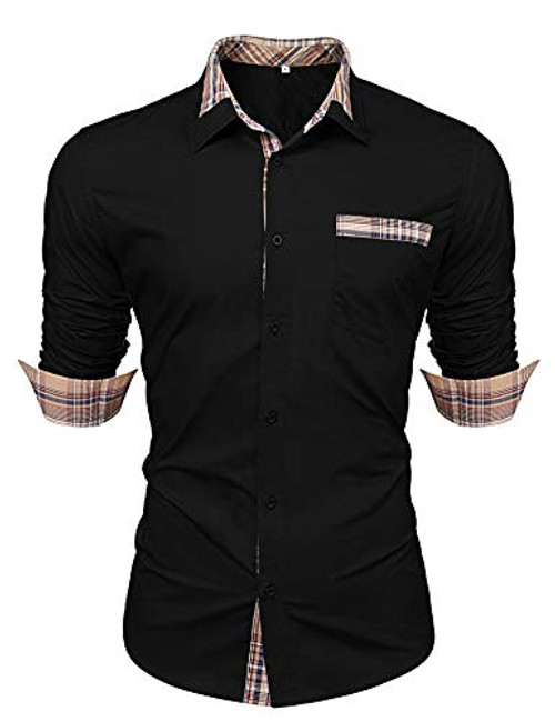 LecGee Mens Cotton Casual Button Down Dress Shirt Plaid Collar Long Sleeve Regular Fit Shirts Black LecGee Mens Cotton Casual Button Down Dress Shirt Plaid Collar Long Sleeve Regular Fit Shirts Black