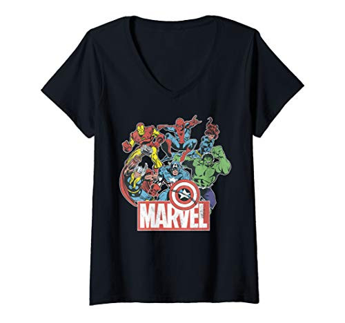 Womens Marvel Avengers Team Retro Comic Vintage V-Neck T-Shirt