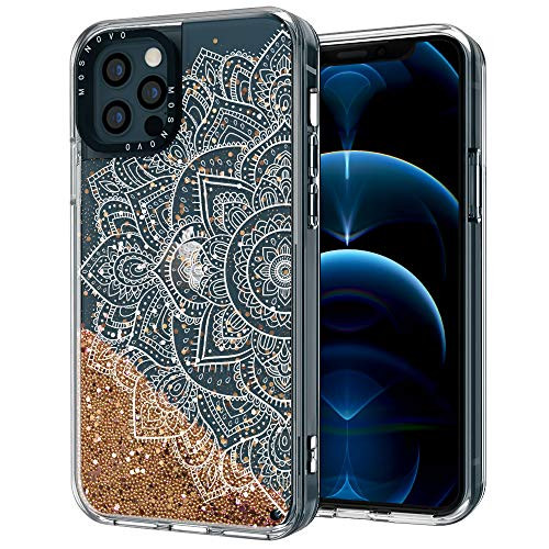 MOSNOVO Luxury Glitter Liquid Gold Sparkle White Henna Mandala Floral Pattern Designed for iPhone 12 Case 6_1 InchDesigned for iPhone 12 Pro Case 6_1 Inch - Clear
