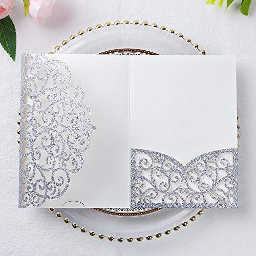 PONATIA 5_12 x 7_2 Inches 20PCS Tri-Fold Laser Cut Wedding Invitation Pocket with Envelopes for Wedding Bridal Shower Engagement Birthday Invite Silver Glitter 20pcs No Inner Sheet