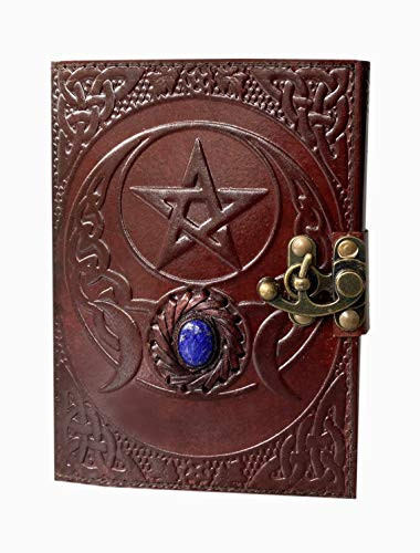Leather Witch Journal Pentagram 7 x 5 Inch Stone with Triple Moon Embossed Blank Spell Book of Shadows Journals with Lock Clasp Pentacle Wicca Pagan Supplies Witchcraft Unlined Paper Notebook