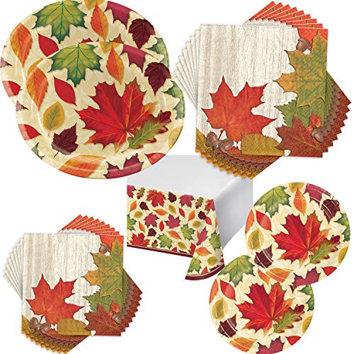 Fall Leaves Thanksgiving Party Supplies Bundle with Oval Plates Napkins   Table Cover for 16 Guests
