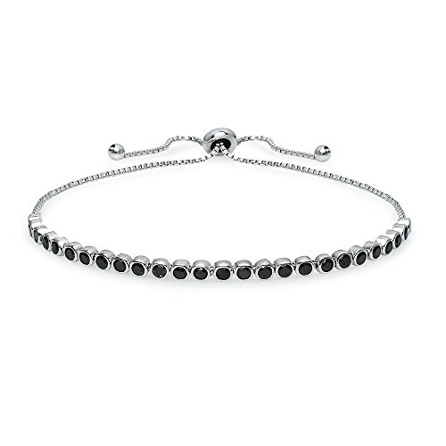 Hoops   Loops Sterling Silver Black Cubic Zirconia Round Bezel-Set Adjustable Bolo Bracelet