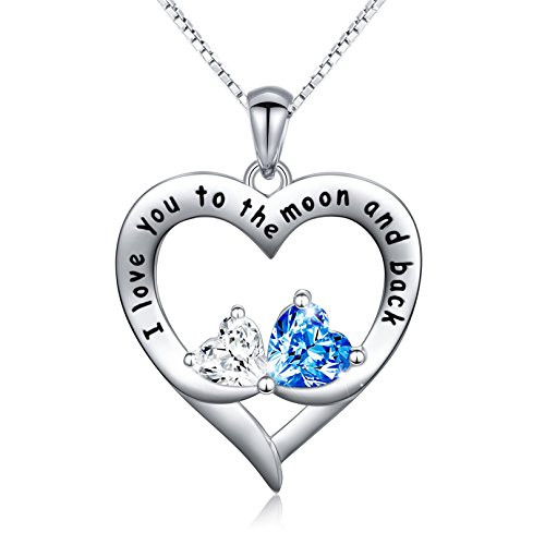 Sterling Silver I Love You to The Moon and Back Double Love Heart Necklace Gift for Her Box Chain 18