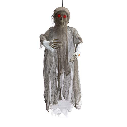 HollyHOME Halloween Hanging Ghost Animated Hanging Skeleton with Glowing Eyes and Creepy Sounds Grim Reaper Haunted House Prop Decor Grey 48 Inch