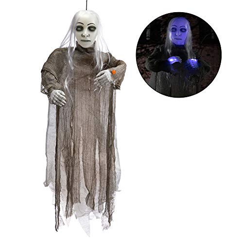 HollyHOME Animated Hanging Ghost with Glowing Head and Creepy Sounds Female Ghost Halloween Outdoor Decoration Haunted House Prop Decor 48 Inch