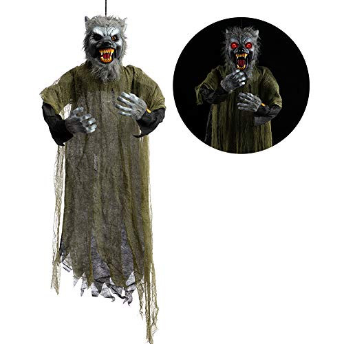 HollyHOME Animated Hanging Werewolf with Glowing Eyes and Creepy Howling Sound Halloween Outdoor Decoration Haunted House Prop Decor 48 Inch