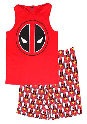 Marvel Mens Deadpool Hooded Shirt and Short Pajama Set Large Red
