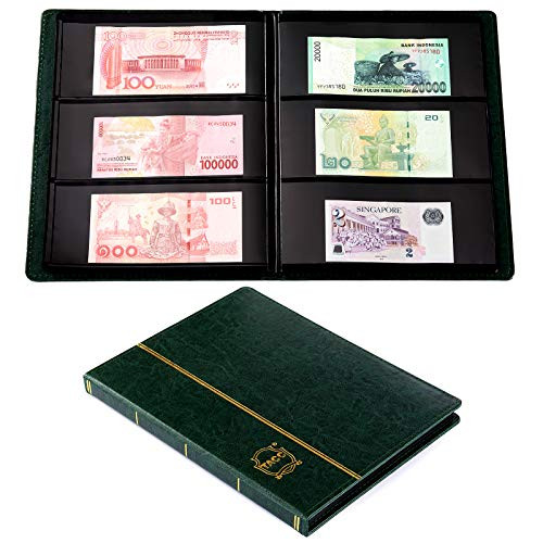 Ettonsun Leather 60-Pocket Paper Money Album Currency Holders for Collectors Collection Supplies Holder Book for Travel Bill Banknote Stamp Storage Display with 10 Collecting Pages Green