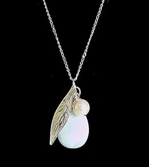 Sea Foam Green Stone Pendant Necklace with Swarovski Crystal Pearl and Sterling Silver Leaf Charm on 18 inch Sterling Silver Chain by Aimee Tresor Jewelry