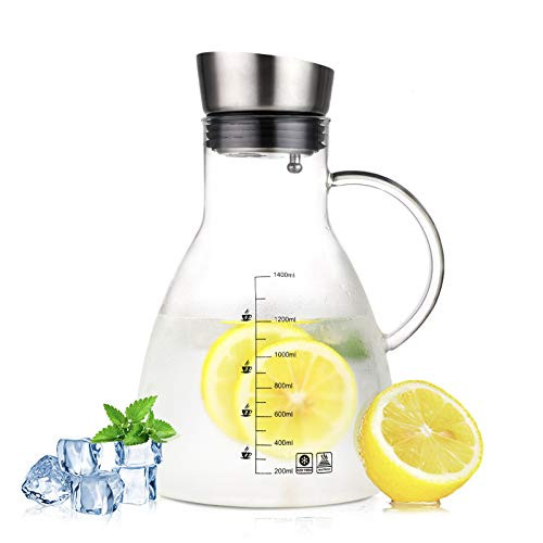 54 ounces glass pitcher with lid-Large iced tea water jug- Heat Resistant Borosilicate Glass Carafe with FREE Brush Steel 1500ML