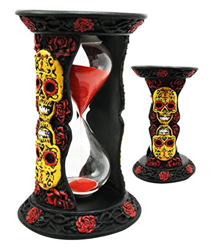 Ebros DOD Dias De Muertos Tribal Tattoo Yellow Sugar Skulls with Red Roses Black Sand Timer Skeleton Figurine Halloween Home Decor Accent Sandtimer As Ossuary Macabre Decorative 3D Sculpture of Skull