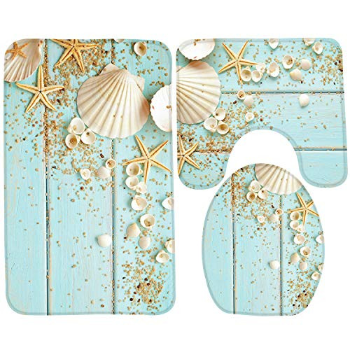 Bath Rugs Non-Slip Mat Set 3 Piece Rugs Soft Bathroom Carpet 3 Piece Toilet Mat Set Super Absorbent Bath Mats Set Blue Shell 3 Piece Set Rugs with Non-Slip Rugs Toilet Lid Cover and Bath Mat