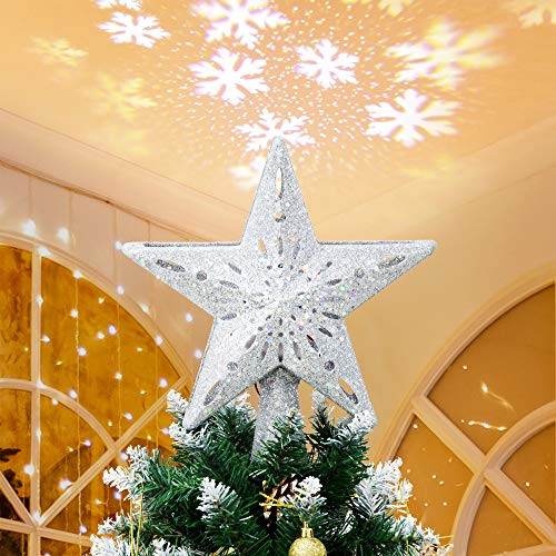 Solpex Christmas Tree Topper Lighted with Star Rotating Snowflake Projector 3D Glitter Hollow Star Tree Topper for Christmas Tree Decorations