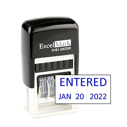 Entered - ExcelMark Self-Inking Rubber Date Stamp - Compact Size - Blue Ink