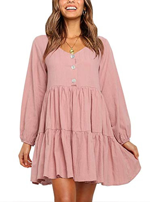 Berryou Womens Casual Button Long Sleeve Summer Tunic V Neck Loose Flowy Swing Shift Dresses Pink M Berryou Womens Casual Button Long Sleeve Summer Tunic V Neck Loose Flowy Swing Shift Dresses Pink M