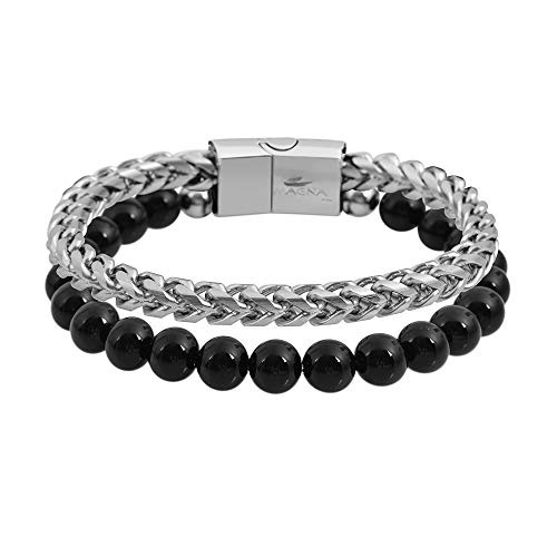 Magna Steel Mens Tiger Eye Stone Beads and Stainless Steel Franco Chain Bracelet with Magnetic Clasp Black Onyx Franco Magna Steel Mens Tiger Eye Stone Beads and Stainless Steel Franco Chain Bracelet with Magnetic Clasp Black Onyx Franco