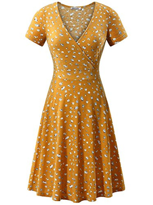 MSBASIC Casual Dresses V Neck Flare Dresses for Women Yellow Floral S MSBASIC Casual Dresses V Neck Flare Dresses for Women Yellow Floral S