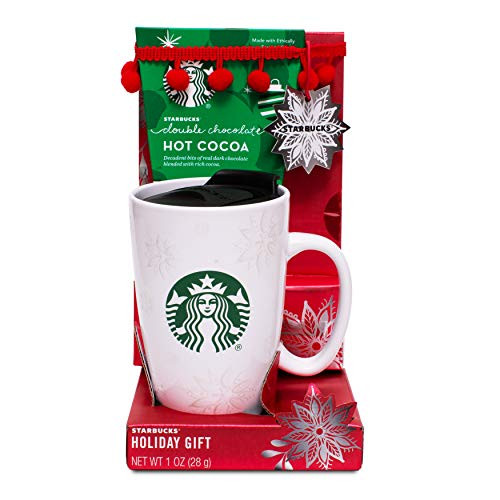 Thoughtfully Gifts Starbucks Cocoa Travel Mug Includes Starbucks Travel Holiday mug with Lid and Starbucks Double Chocolate Hot Cocoa Mix