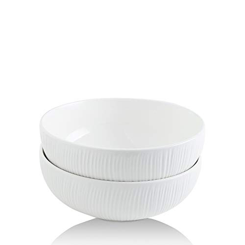 KOOV 2_4 Quarts Porcelain Large Salad Bowl Set Salad Serving Bowls Ceramic Pasta Bowls Big Bowl Striped Series Set of 2 White