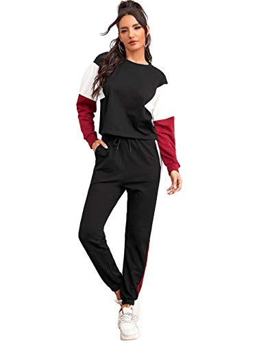 SweatyRocks Womens 2 Pieces Outfits Long Sleeve Crop Top and Sweatpants Jogger Set Colorblock Black XL