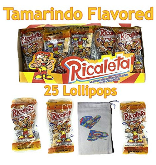 Ricaletas Ricaleta Mexican Candy Ricaleta Paleta Tamarindo Flavored Lollipop 25 Count  Muslin Bag Bundle Mexican Candy Regular Size 20 Grams